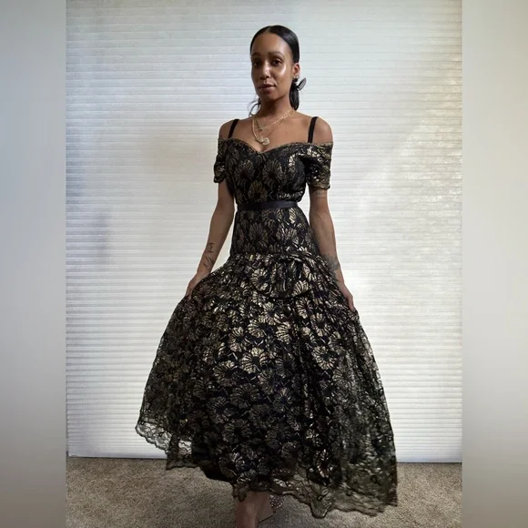 Vintage Saks Fifth Avenue “After Five” Gold & Black Lace Gown — Union Made - Picture 8 of 13